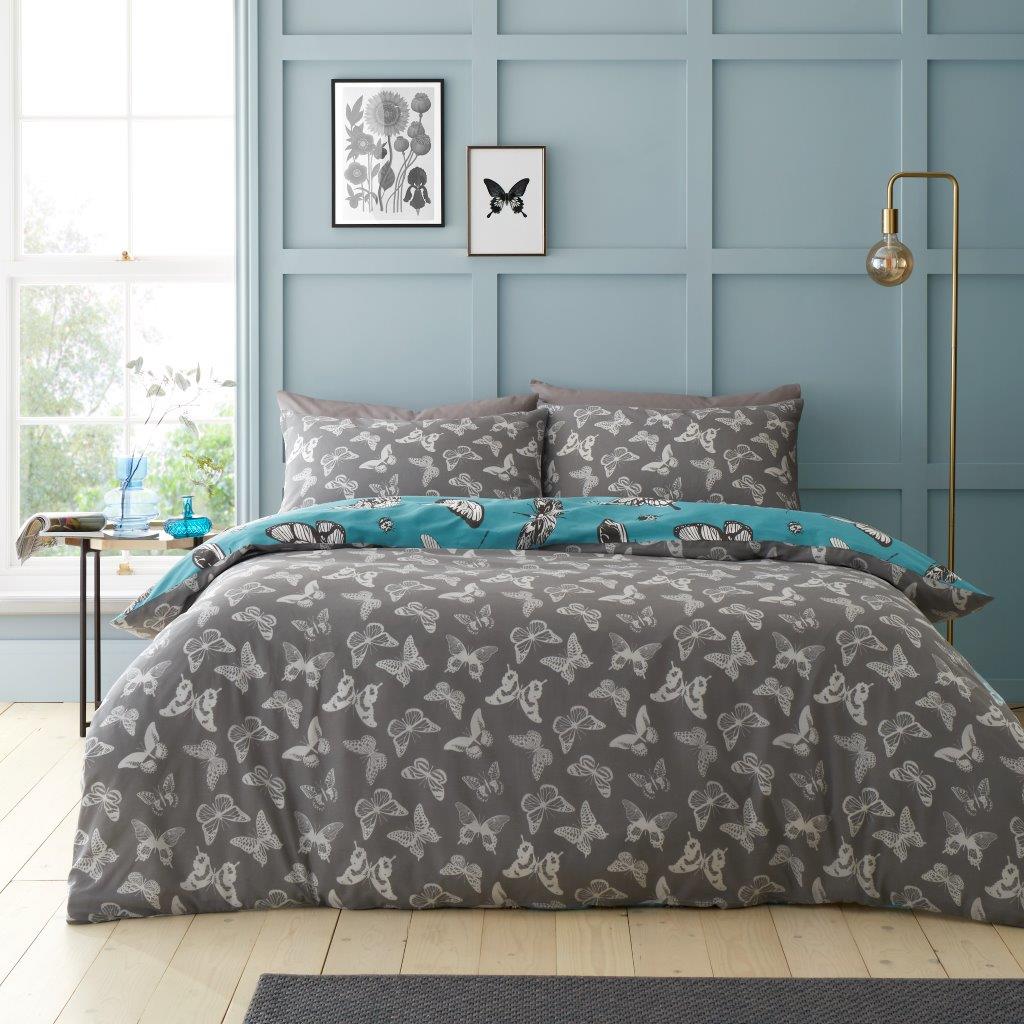 Teal & Grey Reversible Butterflies Reversible Duvet Set