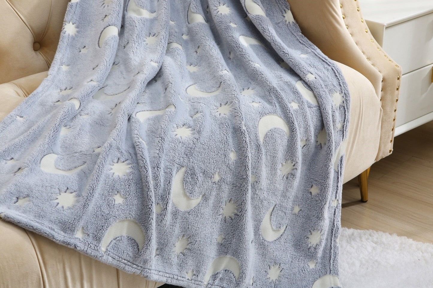 Glow In The Dark Kids Moon & Stars Blanket Grey