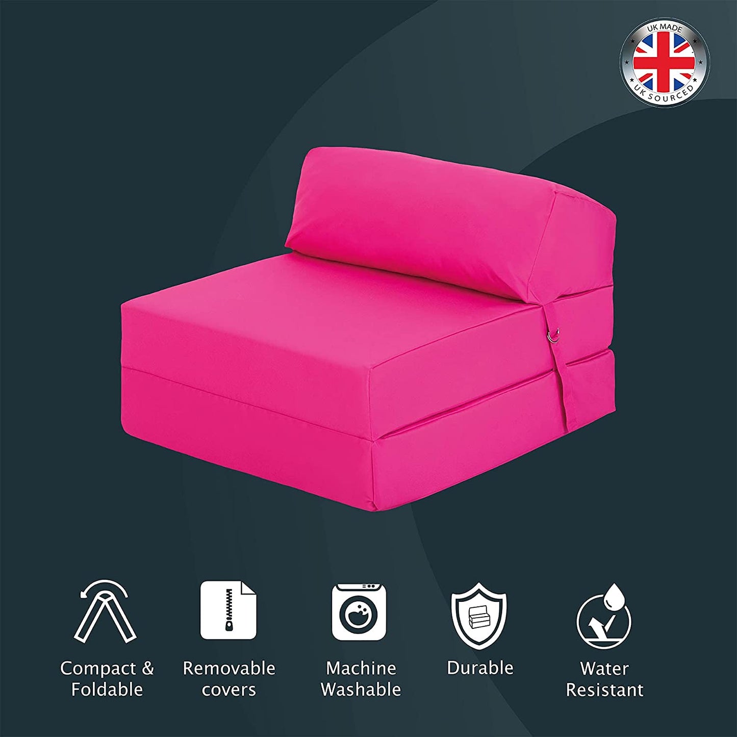 Indoor/Outdoor Fold Out Z Bed Chair | Lightweight Sofa Bed Futon with Soft Water-Resistant Cover Pink