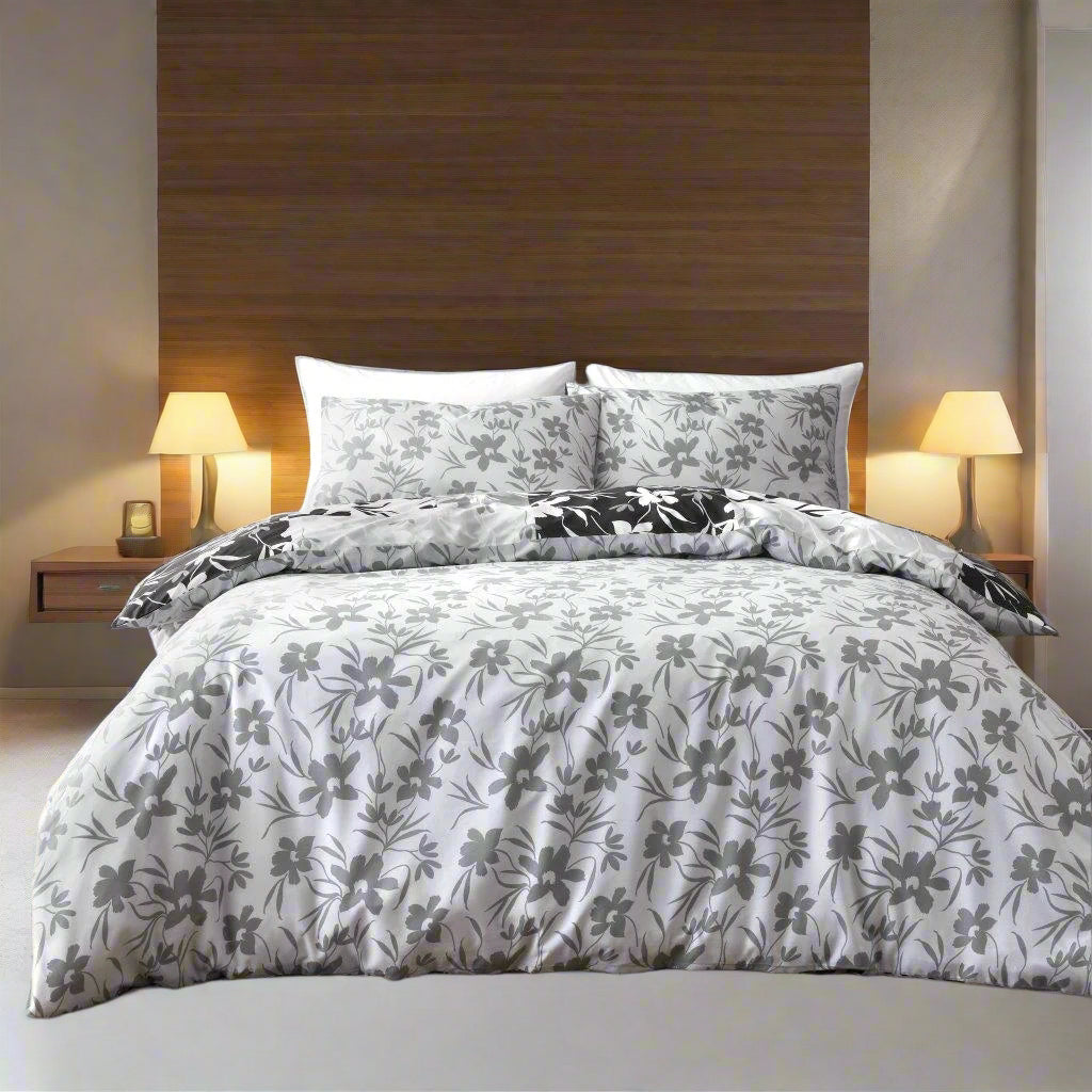 Black & White Floral Block Reversible Duvet Set