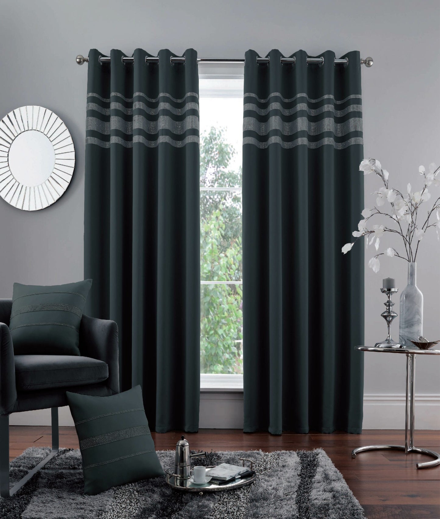 Shiny Diamante Blackout Curtains Eyelet 7 Colours