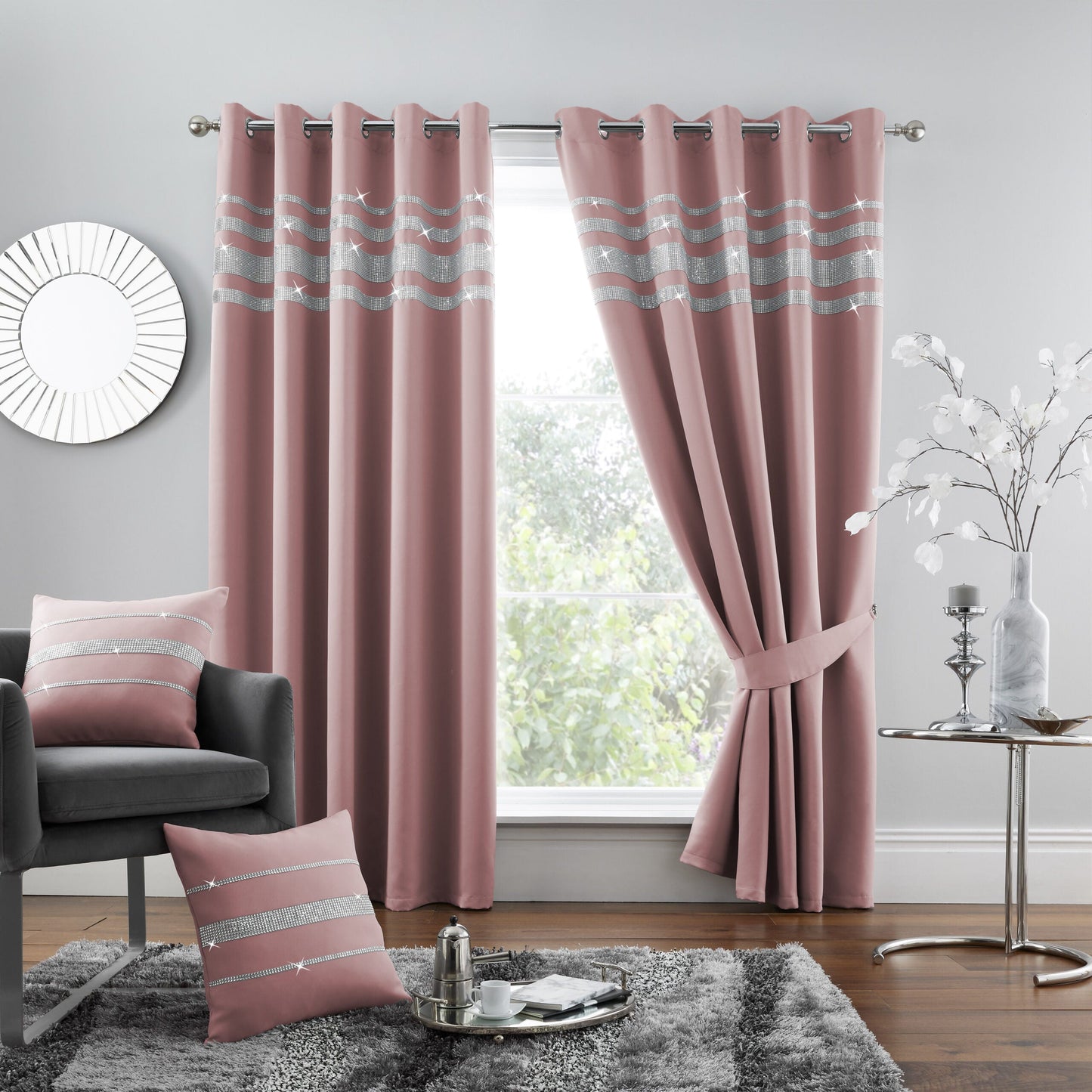 Shiny Diamante Blackout Curtains Eyelet 7 Colours