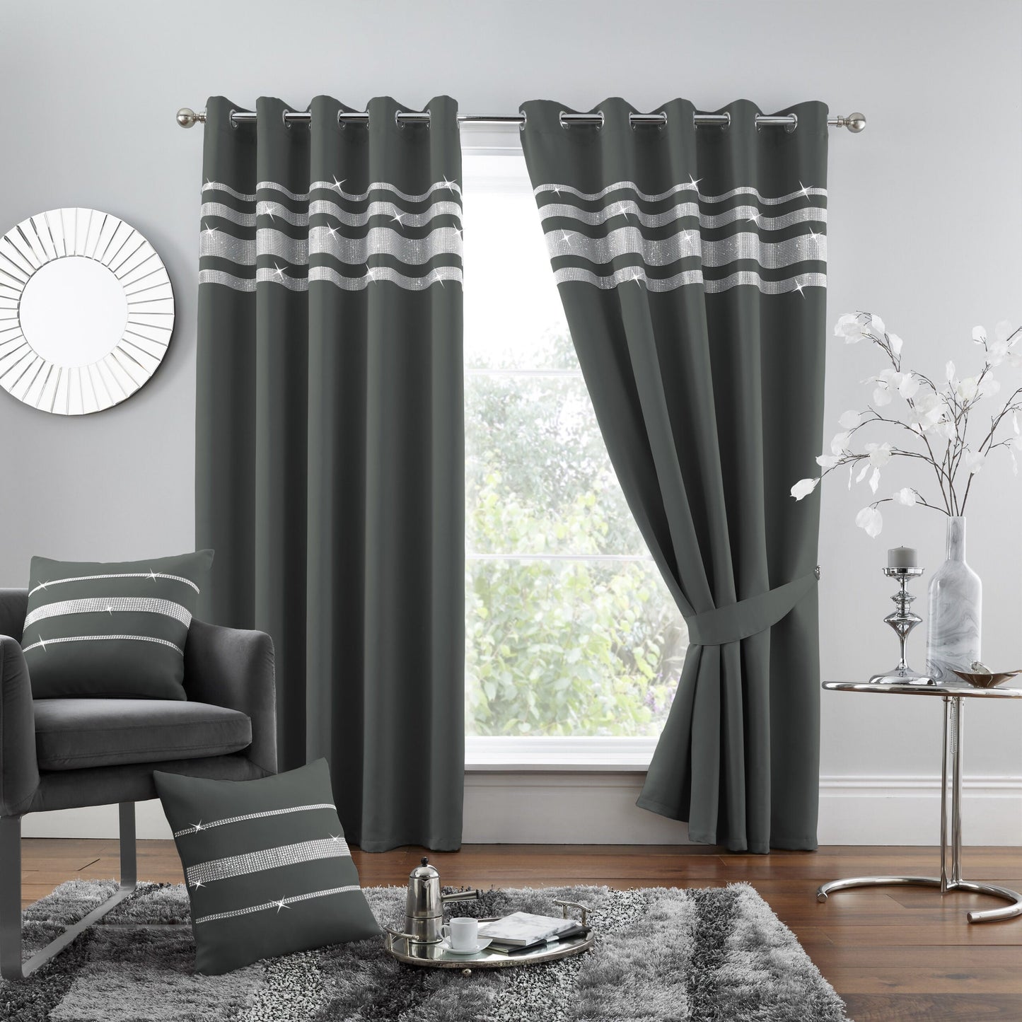 Shiny Diamante Blackout Curtains Eyelet 7 Colours