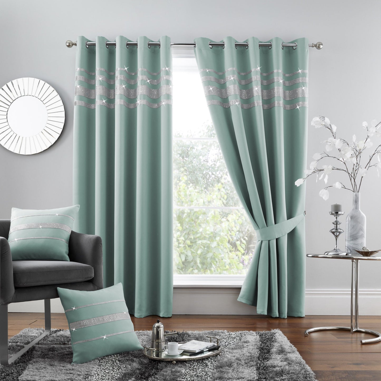 Shiny Diamante Blackout Curtains Eyelet 7 Colours