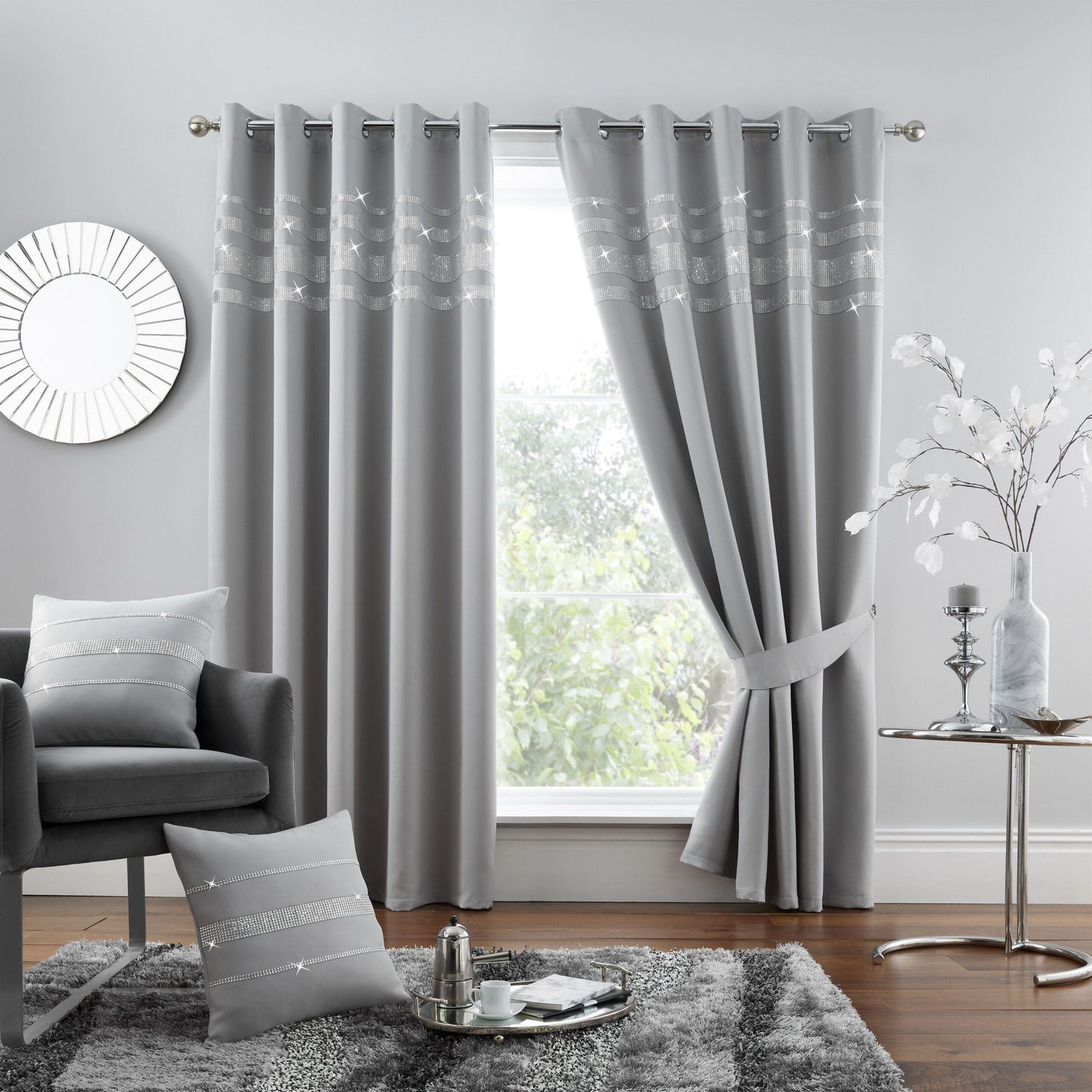 Shiny Diamante Blackout Curtains Eyelet 7 Colours