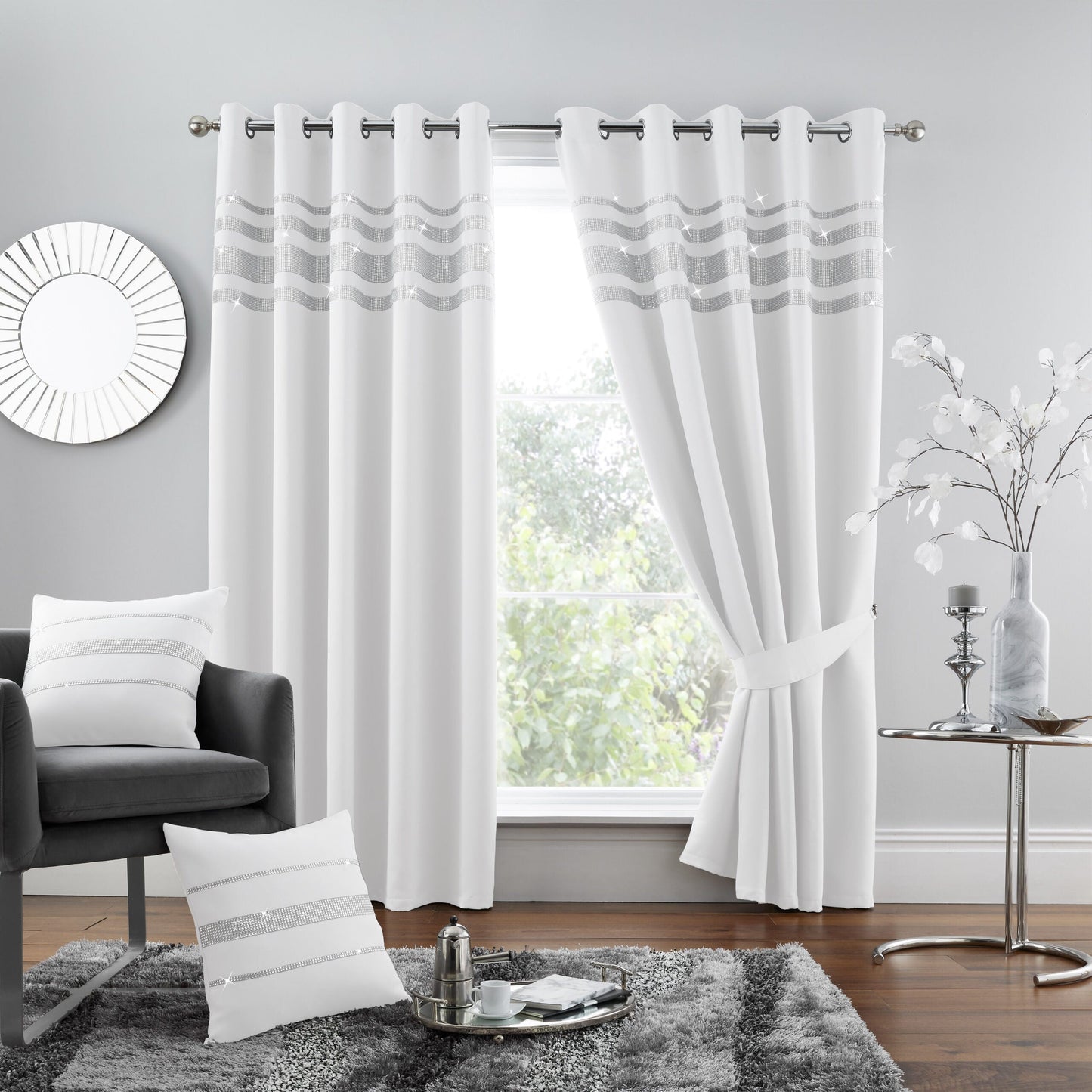 Shiny Diamante Blackout Curtains Eyelet 7 Colours
