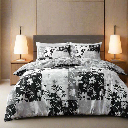 Black & White Floral Block Reversible Duvet Set