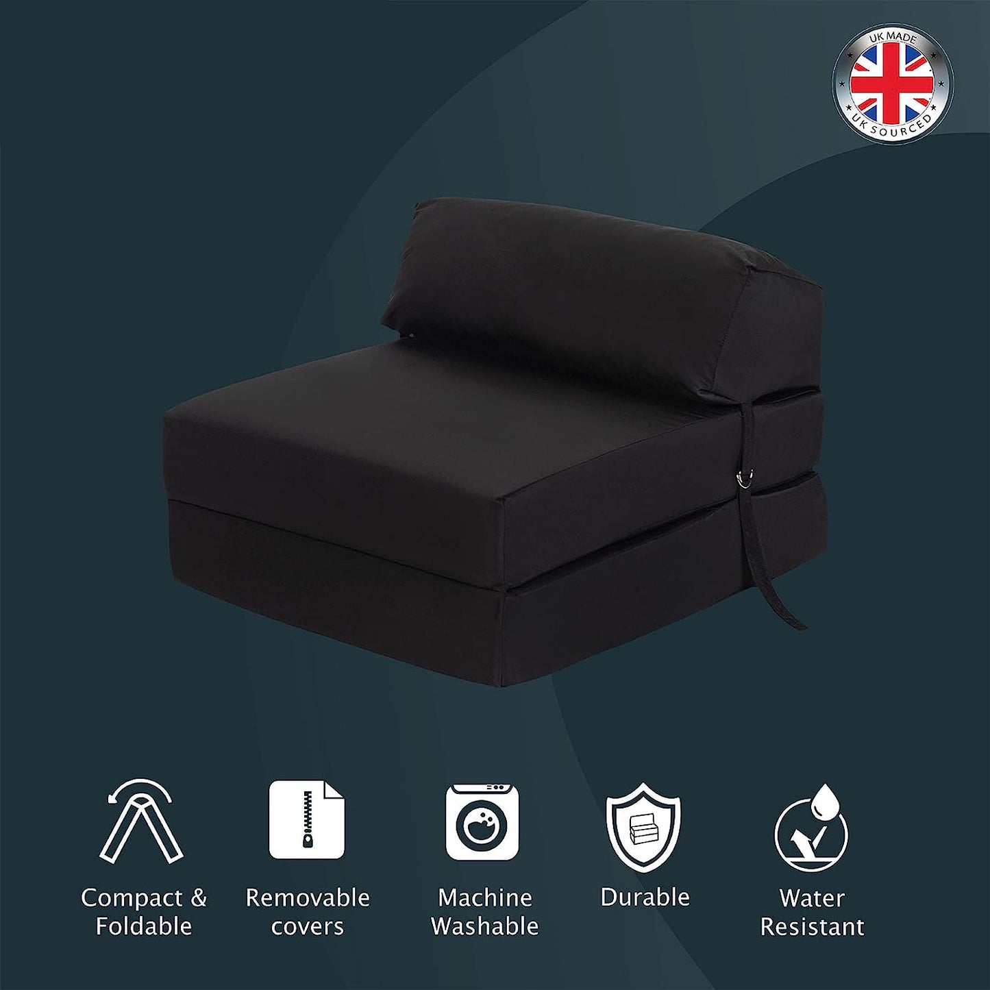 Indoor/Outdoor Fold Out Z Bed Chair | Lightweight Sofa Bed Futon with Soft Water-Resistant Cover Black