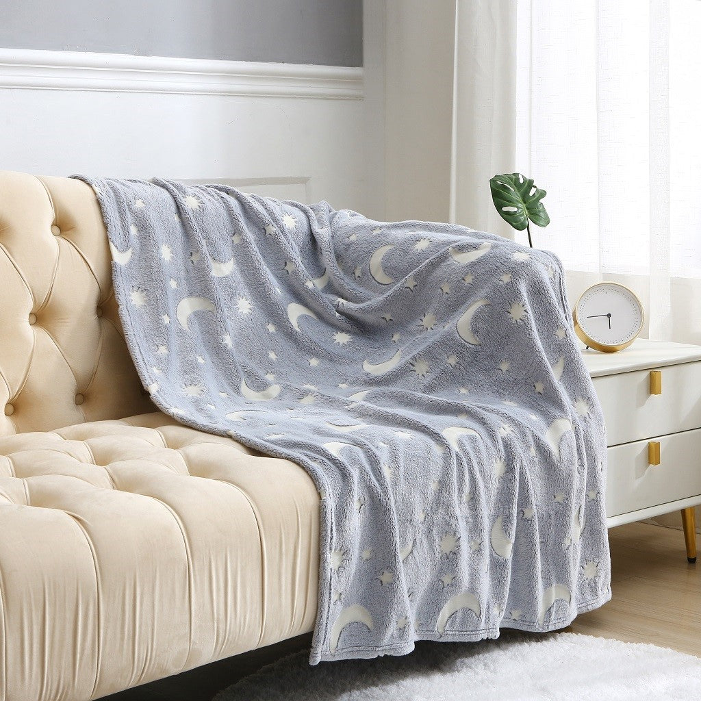 Glow In The Dark Kids Moon & Stars Blanket Grey