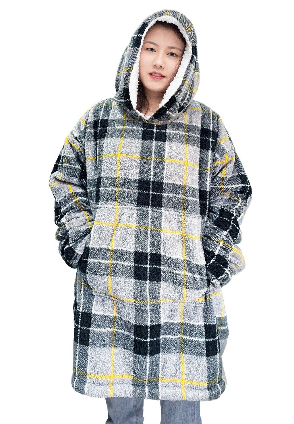 Tartan Check Oversized Wearable Teddy Fleece Hoodie