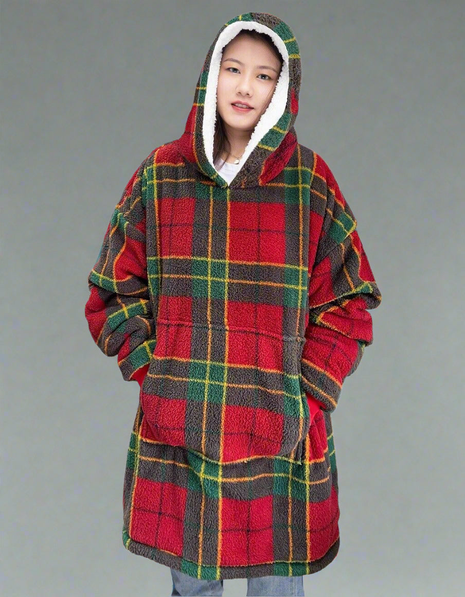 Tartan Check Oversized Wearable Teddy Fleece Hoodie