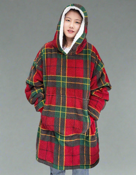 Tartan Check Oversized Wearable Teddy Fleece Hoodie